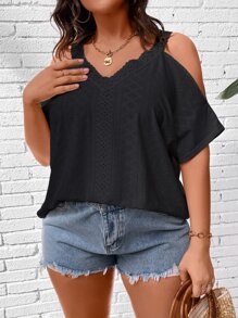 SHEIN LUNE Camiseta de hombros descubiertos ribete con encaje - Negro - Ver 6