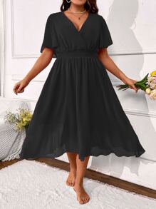 SHEIN Clasi Plus Surplice Neck Butterfly Sleeve Dress - Black - View 4