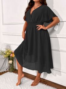 SHEIN Clasi Plus Surplice Neck Butterfly Sleeve Dress - Black - View 5