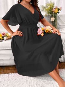 SHEIN Clasi Plus Surplice Neck Butterfly Sleeve Dress - Black - View 1