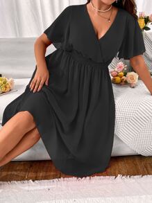 SHEIN Clasi Plus Surplice Neck Butterfly Sleeve Dress - Black - View 6