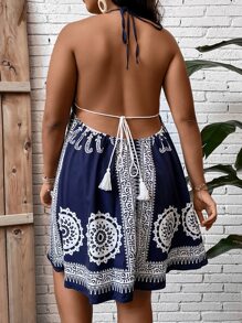 Breezaya Plus Mandala Print Tie Backless Halter Neck Dress - Navy Blue - View 2