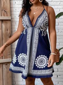Breezaya Plus Mandala Print Tie Backless Halter Neck Dress - Navy Blue - View 4