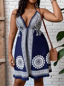 Breezaya Plus Mandala Print Tie Backless Halter Neck Dress - Navy Blue - View 5