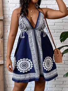 Breezaya Plus Mandala Print Tie Backless Halter Neck Dress - Navy Blue - View 7