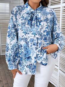 SHEIN LUNE Plus Floral Print Tie Neck Shirt - White - View 5