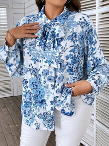 SHEIN LUNE Plus Floral Print Tie Neck Shirt - White - View 6