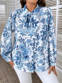 SHEIN LUNE Plus Floral Print Tie Neck Shirt - White - View 7