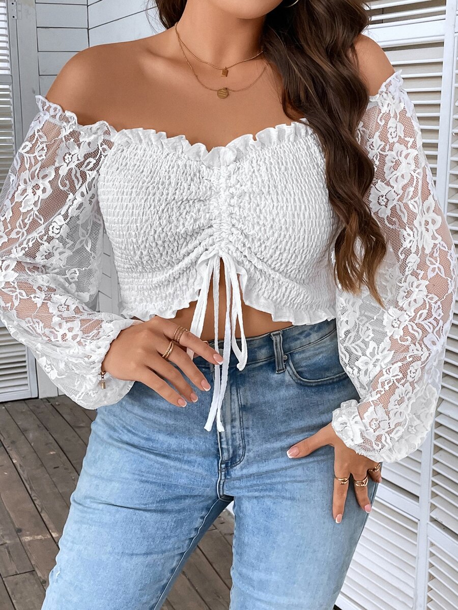 Breezaya Plus Off Shoulder Drawstring Front Lace Lantern Sleeve Shirred Detail Top - White - View 1