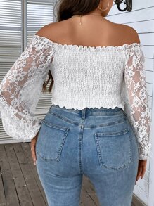 Breezaya Plus Off Shoulder Drawstring Front Lace Lantern Sleeve Shirred Detail Top - White - View 2