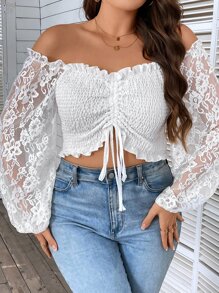 Breezaya Plus Off Shoulder Drawstring Front Lace Lantern Sleeve Shirred Detail Top - White - View 4