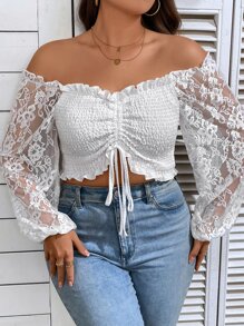 Breezaya Plus Off Shoulder Drawstring Front Lace Lantern Sleeve Shirred Detail Top - White - View 5