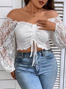 Breezaya Plus Off Shoulder Drawstring Front Lace Lantern Sleeve Shirred Detail Top - White - View 6