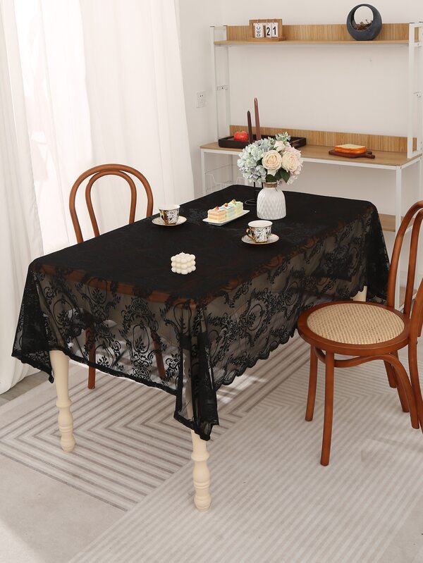 1pc Black Scroll Lace Tablecloth, Polyester Decorative Table Cloth For Home
