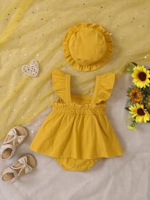 Baby Girl Ruffle Trim Bow Front Combo Bodysuit Dress With Hat