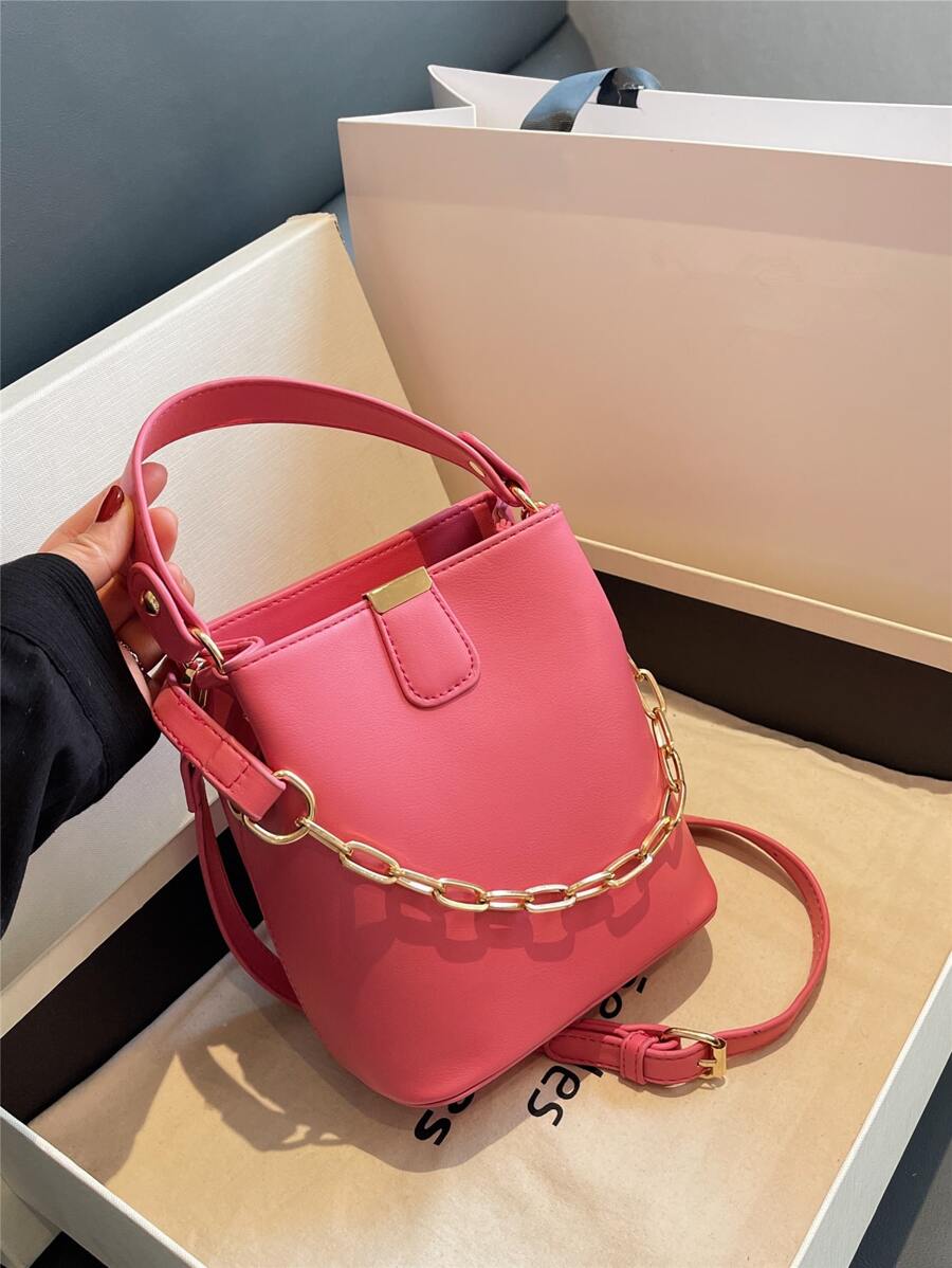 迷你極簡鏈條裝飾水桶包 - 玫紅色 - 查看 1