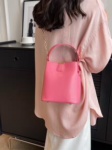 迷你極簡鏈條裝飾水桶包 - 玫紅色 - 查看 2