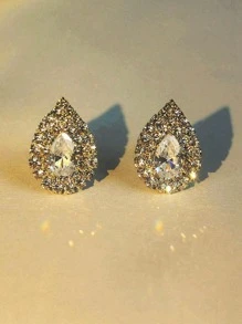 水鑽水滴裝飾夾式耳環 - 銀色 - 查看 1