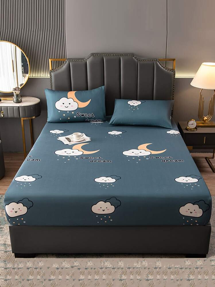 1pc Moon & Cloud Pattern Fitted Sheet, Cartoon Cute Fabric Waterproof Fitted Bottom Sheet For Bedroom - Multicolor - View 1