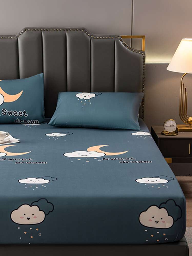 1pc Moon & Cloud Pattern Fitted Sheet, Cartoon Cute Fabric Waterproof Fitted Bottom Sheet For Bedroom - Multicolor - View 3
