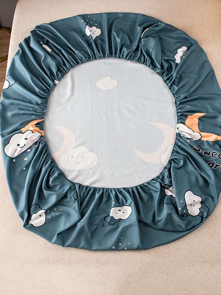 1pc Moon & Cloud Pattern Fitted Sheet, Cartoon Cute Fabric Waterproof Fitted Bottom Sheet For Bedroom - Multicolor - View 7
