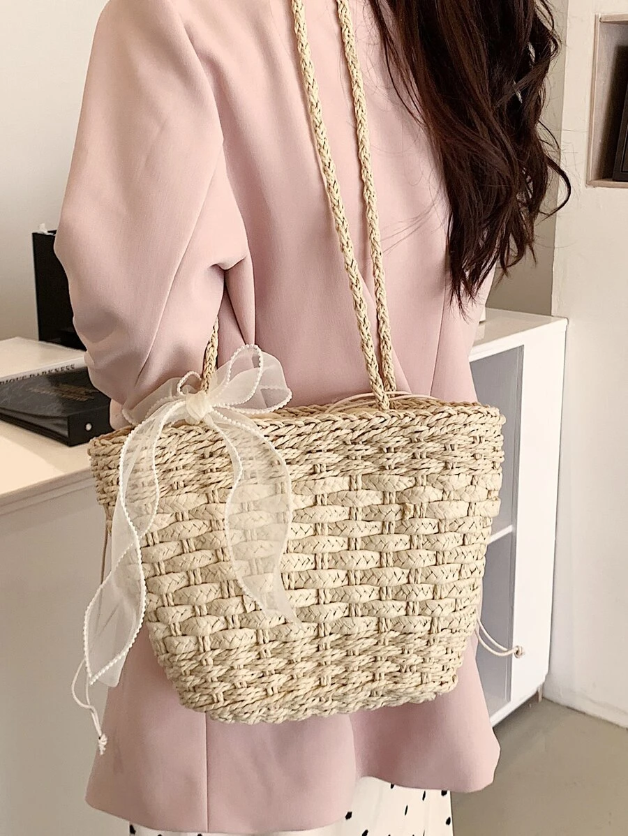 蝴蝶結裝飾草編包 - 米色 - 查看 1