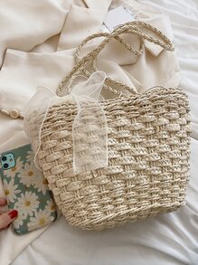 蝴蝶結裝飾草編包 - 米色 - 查看 5