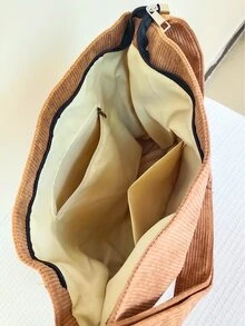 女性燈芯絨單肩包,閒暇學院風,可調整肩帶,大容量,設計師手提包,旅行斜挎包 - 棕色 - 查看 5