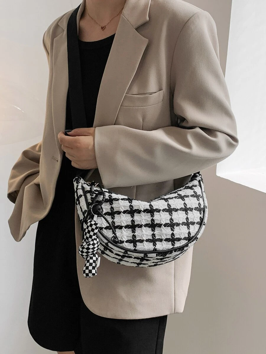 Plaid Pattern Hobo Bag With Bag Charm - Black and White - View 1