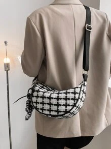 Plaid Pattern Hobo Bag With Bag Charm - Black and White - View 2