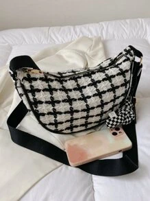Plaid Pattern Hobo Bag With Bag Charm - Black and White - View 5