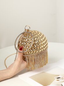 迷人、优雅、精致、安静的奢华亮片、时尚、奢华、闪亮迷你流苏装饰圆形包，完美的新娘钱包，适合婚礼、舞会和派对活动晚宴包，派对女孩、女士的晚宴包，迷人的水钻包 - 金色 - 查看 4