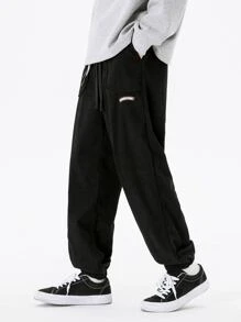 Men Letter Graphic Drawstring Waist Trousers - Black - View 1