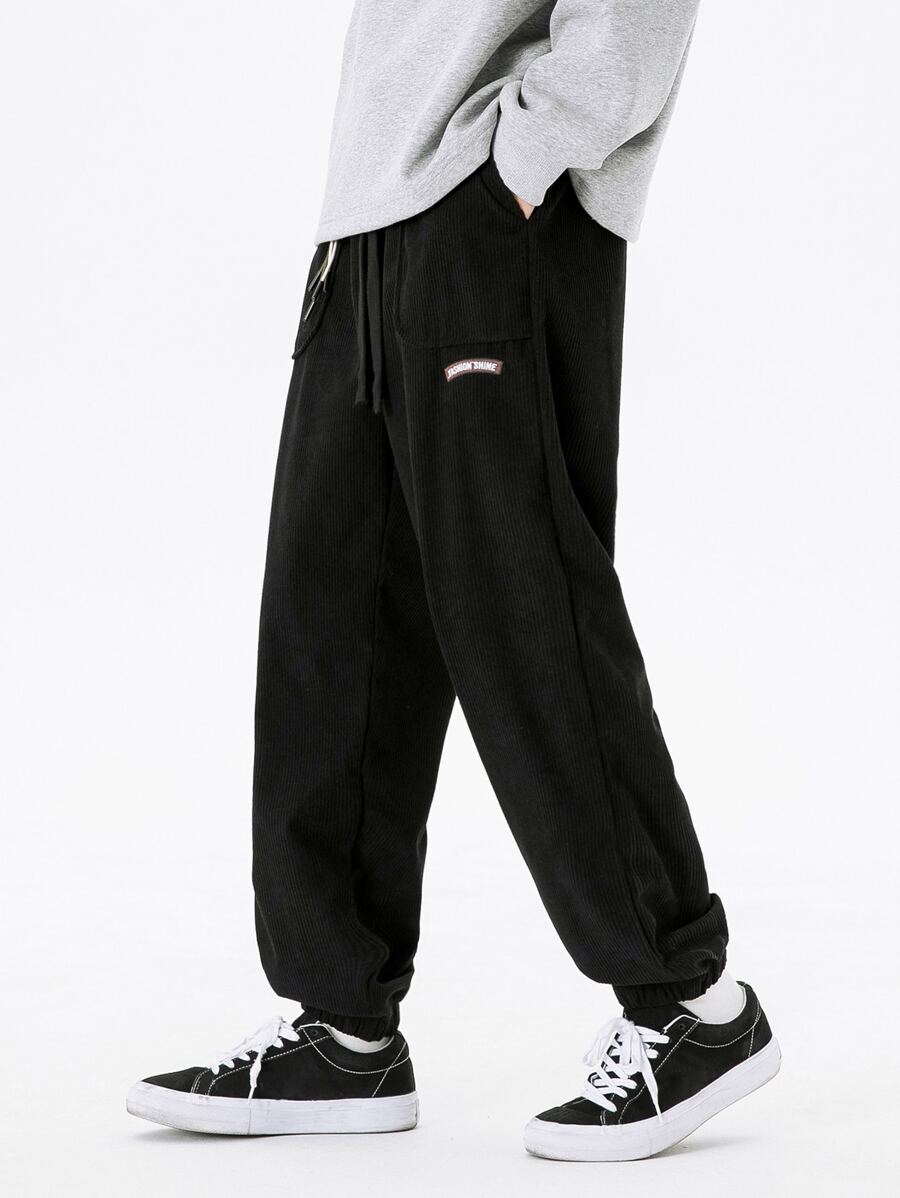 Men Letter Graphic Drawstring Waist Trousers - Black - View 1