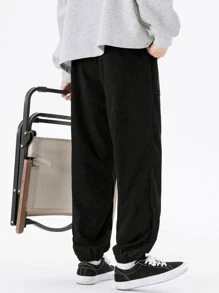 Men Letter Graphic Drawstring Waist Trousers - Black - View 2