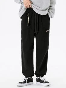 Men Letter Graphic Drawstring Waist Trousers - Black - View 4