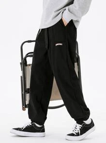 Men Letter Graphic Drawstring Waist Trousers - Black - View 6