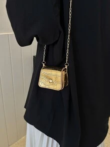 纯色简约设计多功能小/中号翻盖斜挎包，新款时尚女士单肩包 - 金色 - 查看 4