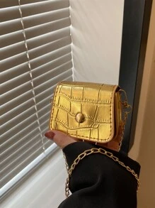 纯色简约设计多功能小/中号翻盖斜挎包，新款时尚女士单肩包 - 金色 - 查看 3