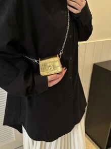 Mini Metallic Crocodile Embossed Flap Chain Square Bag, Animal Print Women Bag - Gold - View 3