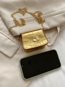 Mini Metallic Crocodile Embossed Flap Chain Square Bag, Animal Print Women Bag - Gold - View 4