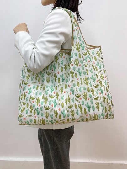 総柄サボテンプリント トートバッグ ショッピングバッグ 折りたたみ式 大容量 コントラストバインディング ショルダーバッグ