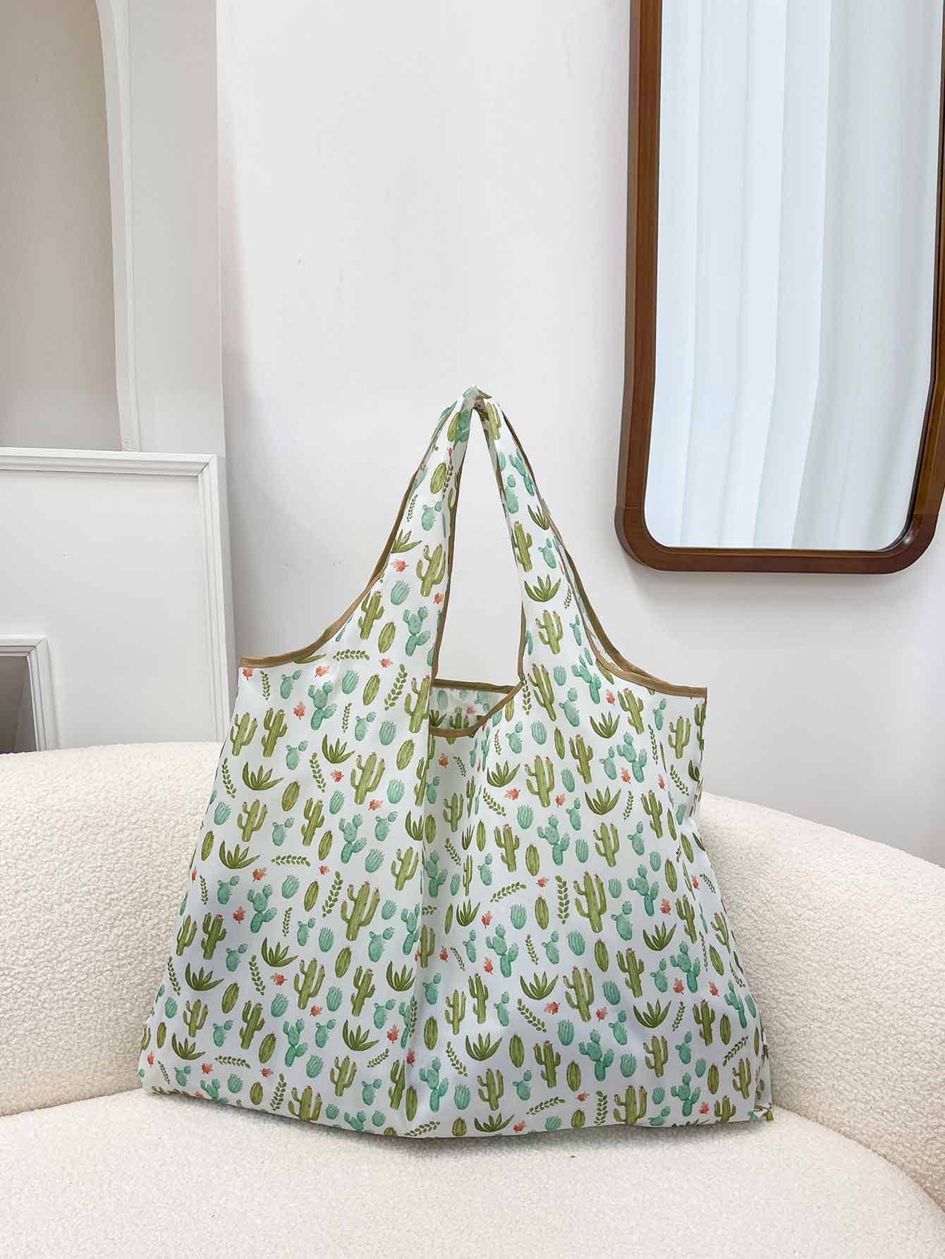 Allover Cactus Print Tote Bag, Shopping Bags, Foldable Large Capacity Contrast Binding Shoulder Bag