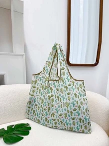 Allover Cactus Print Tote Bag, Shopping Bags, Foldable Large Capacity Contrast Binding Shoulder Bag