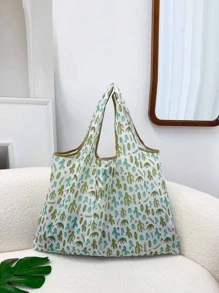 Allover Cactus Print Tote Bag, Shopping Bags, Foldable Large Capacity Contrast Binding Shoulder Bag
