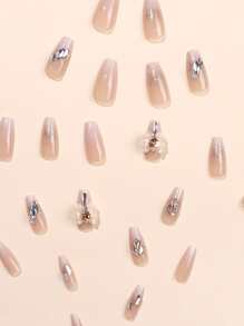 24 sztuki krótkich, gradientowych, brokatowych naklejek na paznokcie w kształcie trumny z 1 żelem żelowym, dekoracja kokardką, do naklejania na paznokcie, artykuły do paznokci, paznokcie