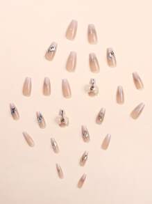 24 sztuki krótkich, gradientowych, brokatowych naklejek na paznokcie w kształcie trumny z 1 żelem żelowym, dekoracja kokardką, do naklejania na paznokcie, artykuły do paznokci, paznokcie