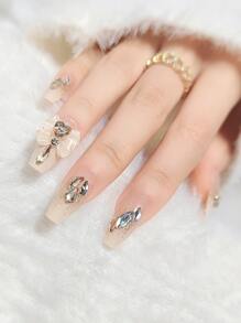 24 sztuki krótkich, gradientowych, brokatowych naklejek na paznokcie w kształcie trumny z 1 żelem żelowym, dekoracja kokardką, do naklejania na paznokcie, artykuły do paznokci, paznokcie