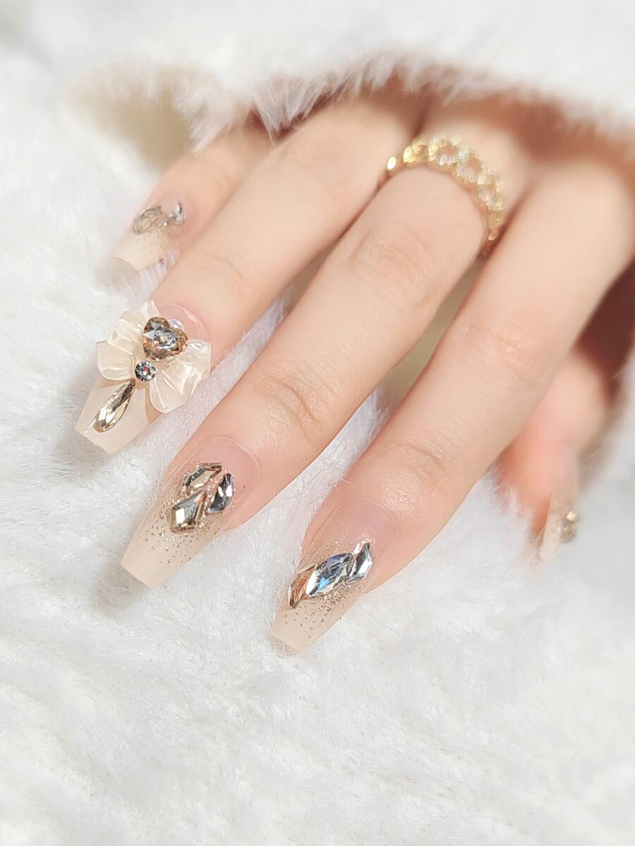 24 sztuki krótkich, gradientowych, brokatowych naklejek na paznokcie w kształcie trumny z 1 żelem żelowym, dekoracja kokardką, do naklejania na paznokcie, artykuły do paznokci, paznokcie