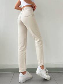 EURMUSE Solid Zipper Fly Tapered Jeans - Beige - View 2